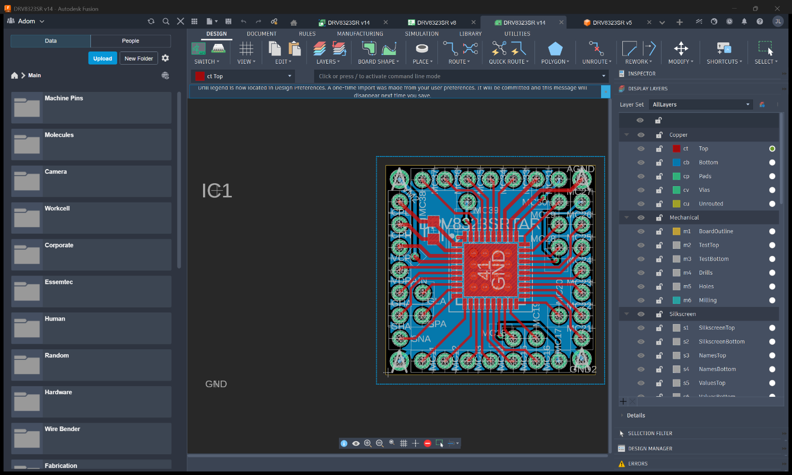 Fusion 360 PCB editor with layer stack visible โ you can drive every panel and export any view back to Docker.