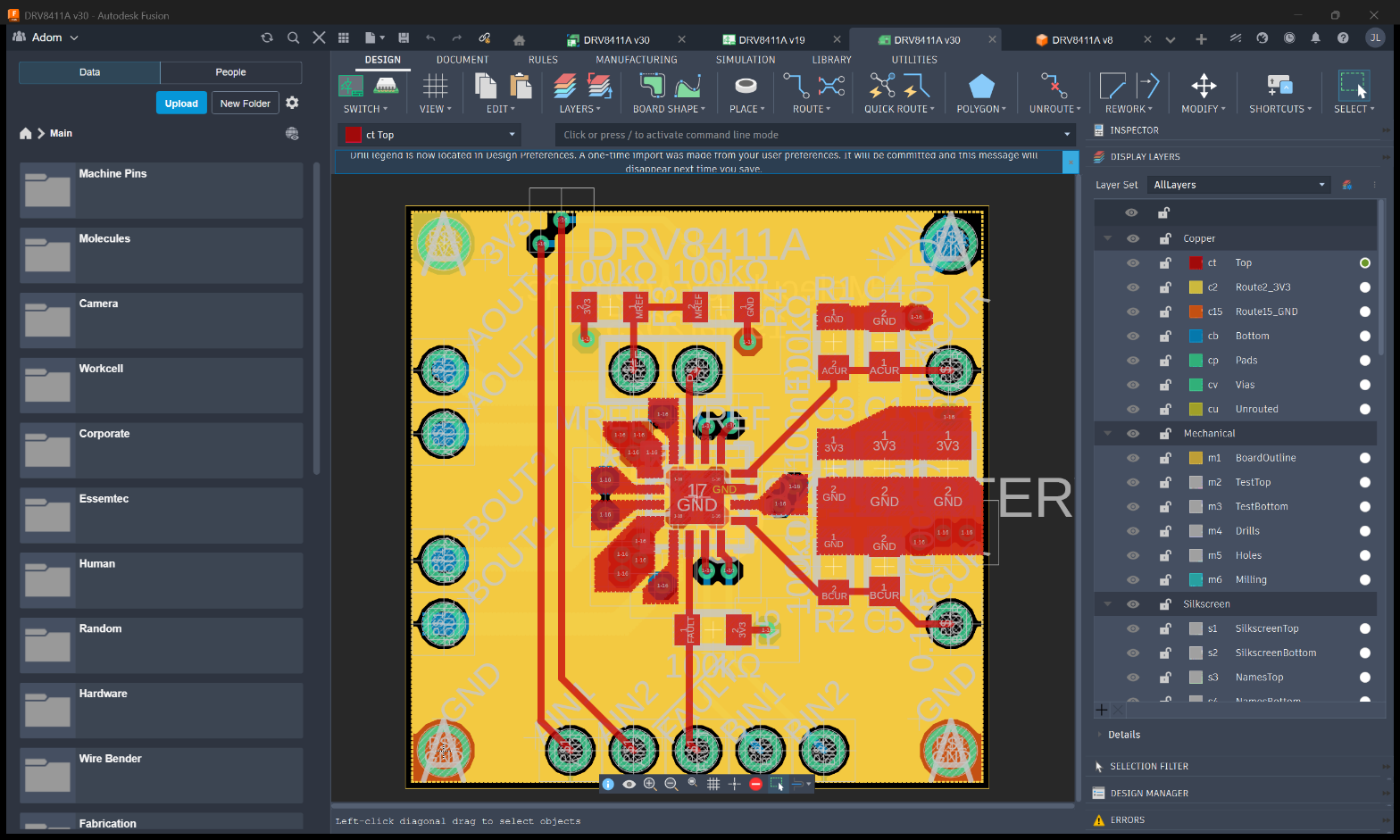 Another example: DRV8411A motor driver in Fusion, imported + inspected from a Claude Code session running in Docker.