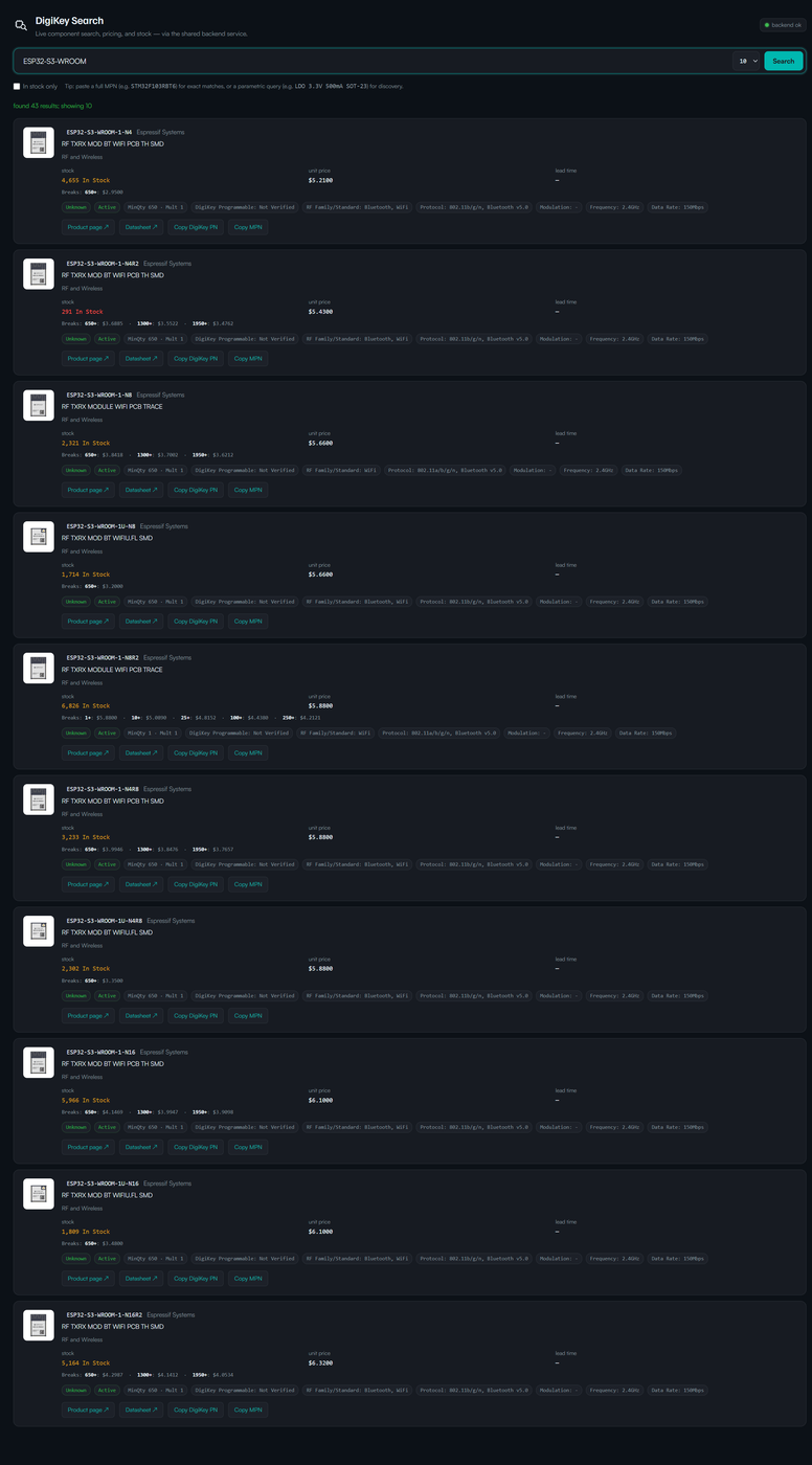 Full 10-result list, side-by-side price/stock/lead-time comparison
