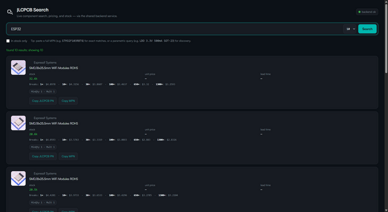 JLCPCB search webview showing ESP32 module results with price breaks