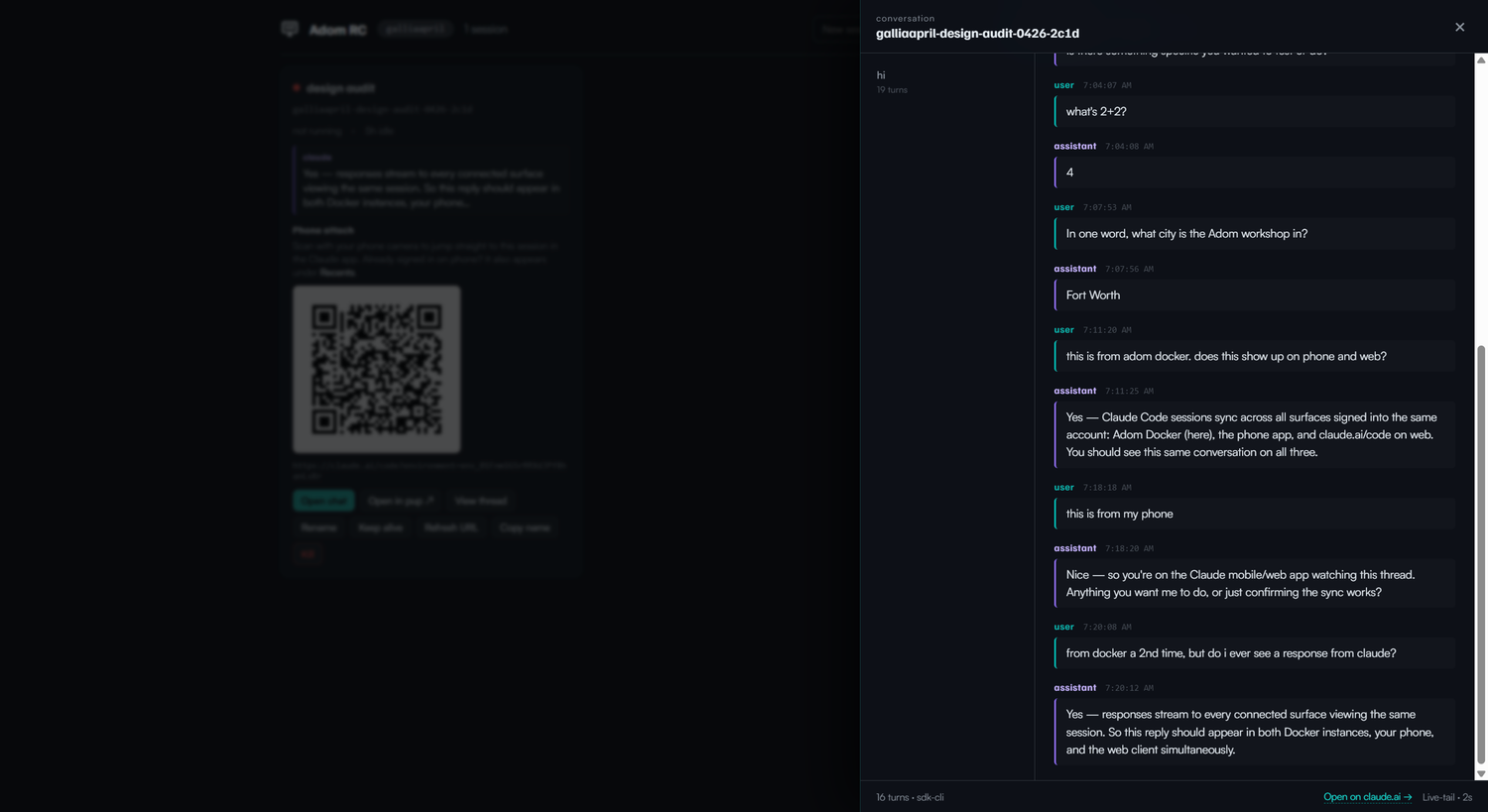 Conversation drawer — read-only view of the live RC session JSONL with live-tail