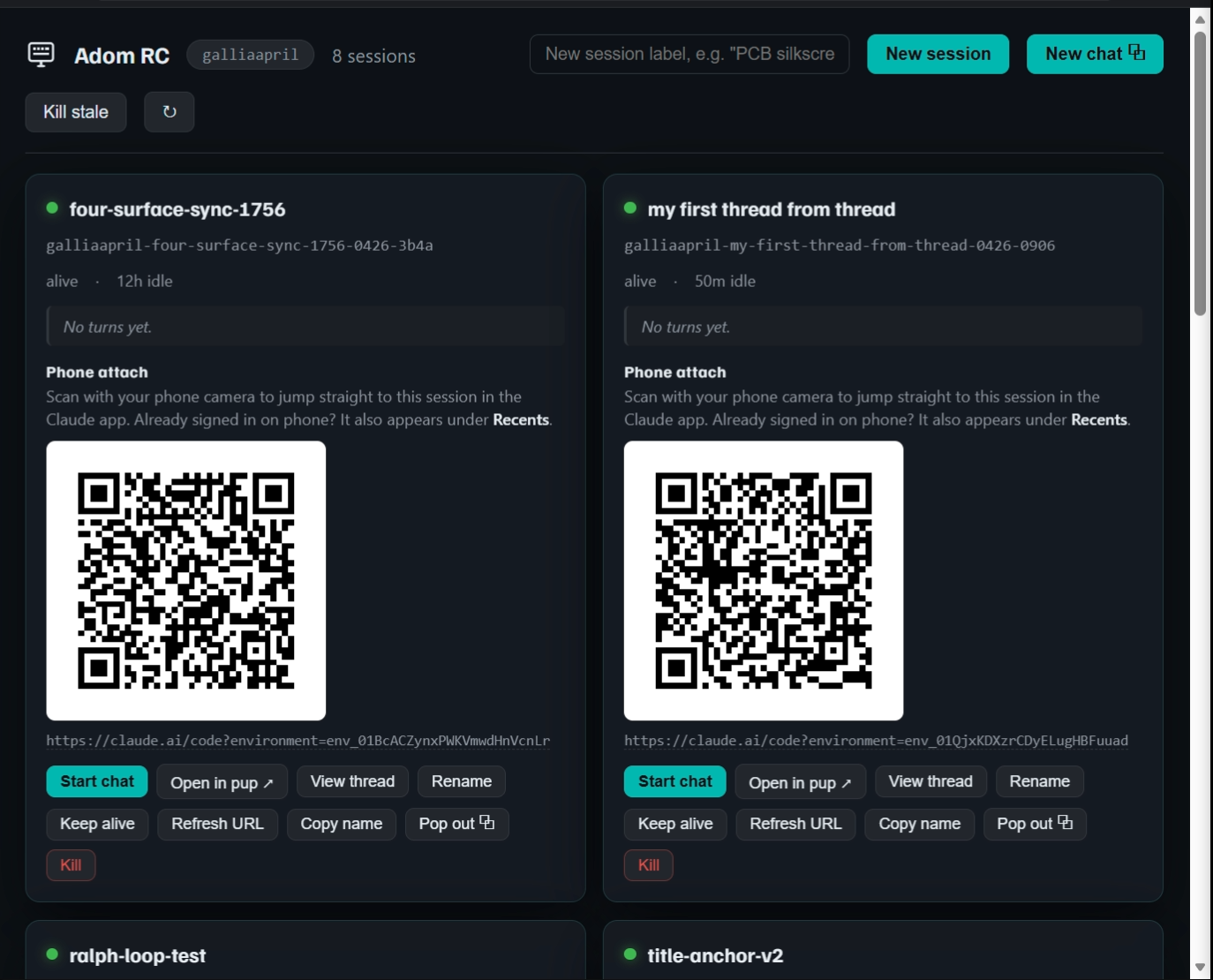 Management UI — multiple sessions, QR for phone attach, New chat / Pop out per session