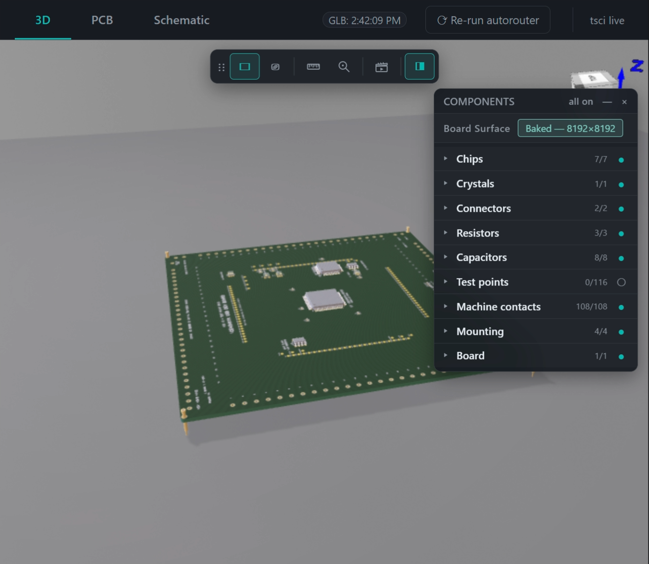 Components HUD — group toggles (Chips, Capacitors, Test points 0/116 hidden by default, etc.)