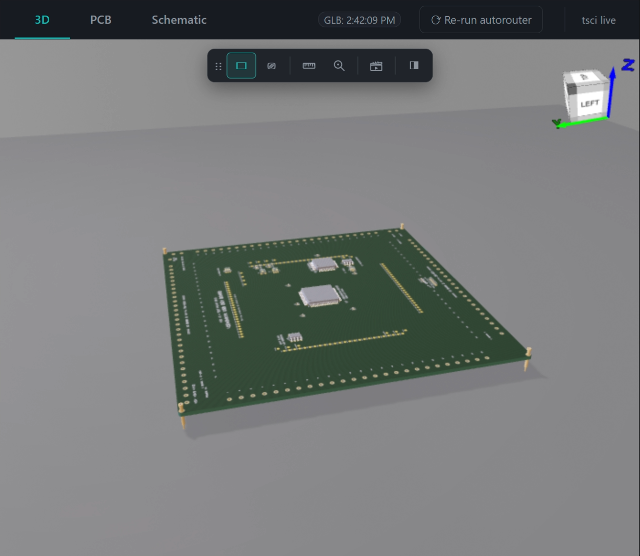 Hero — 3D view of the iCE40 board (130x130 mm, 253 components, baked texture at 8192x8192)
