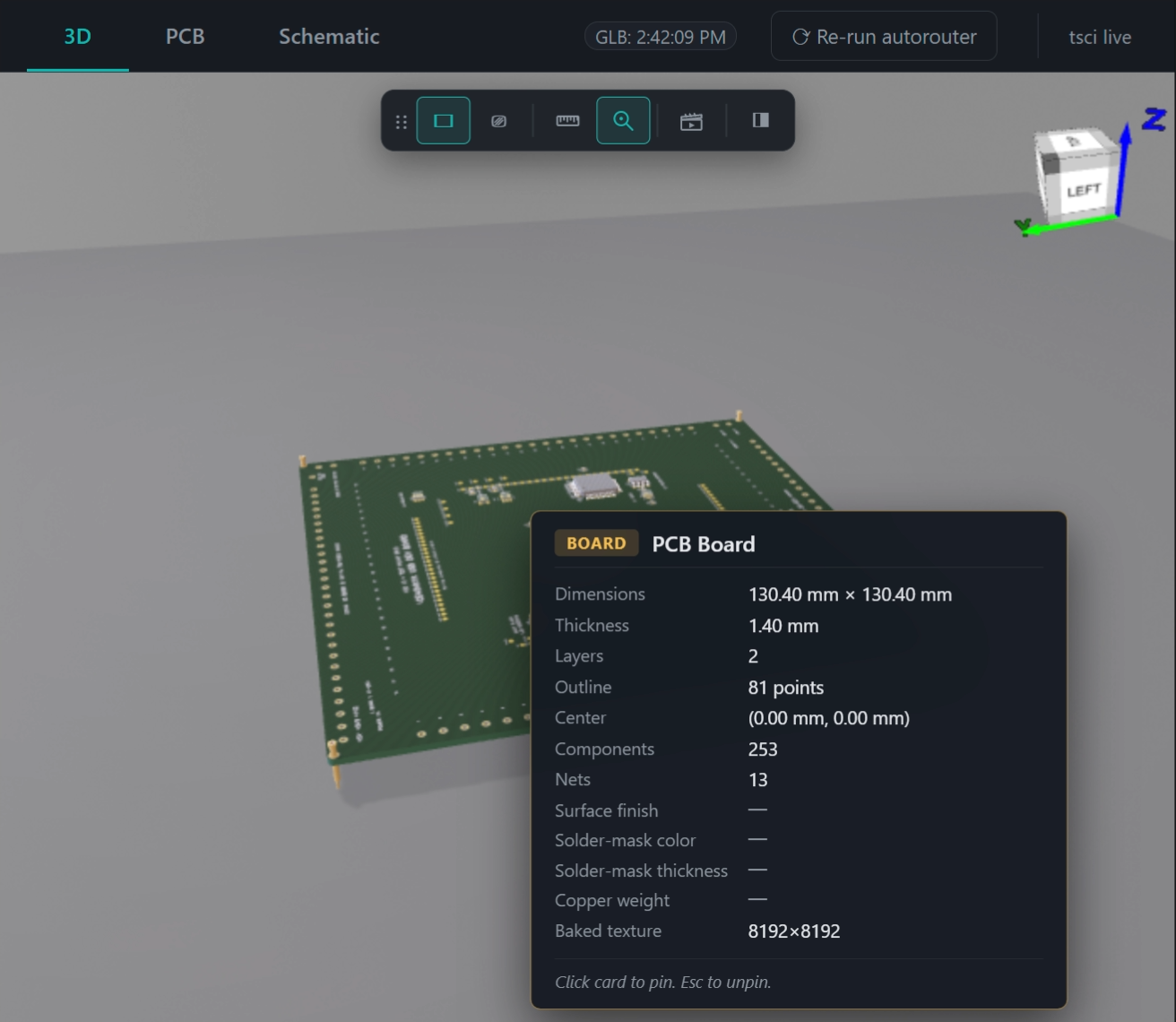 Inspect tool on bare board — dimensions, thickness, layer count, baked texture resolution 8192x8192