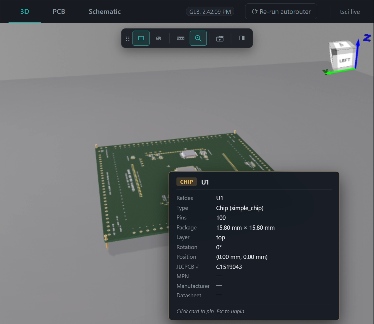 Inspect tool — hover U1 FPGA to see refdes, footprint, pin count, JLCPCB part #, position