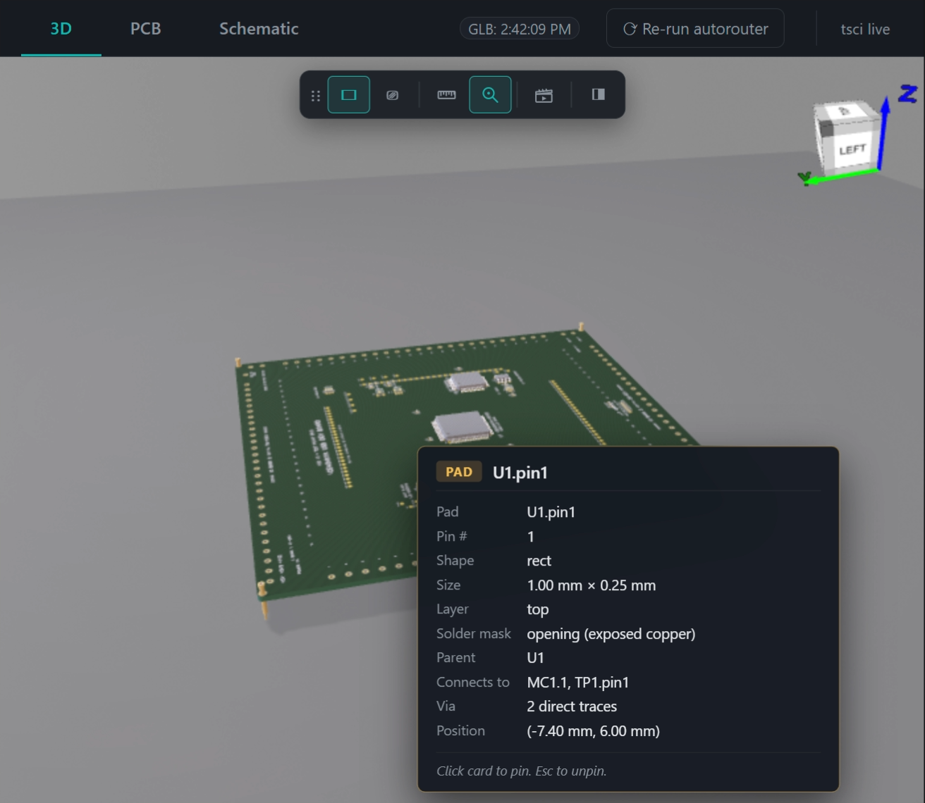 Inspect tool on a pad — net routing info (Connects to MC1.1, TP1.pin1), size, solder-mask opening
