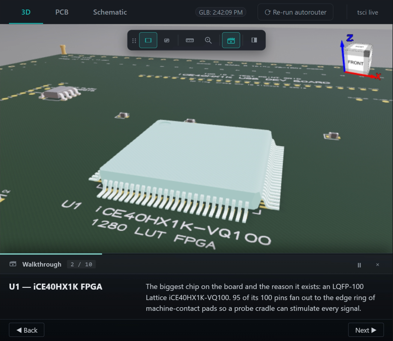 Walkthrough Demo — step 2/10, U1 iCE40HX1K FPGA with cyan highlight + narration card