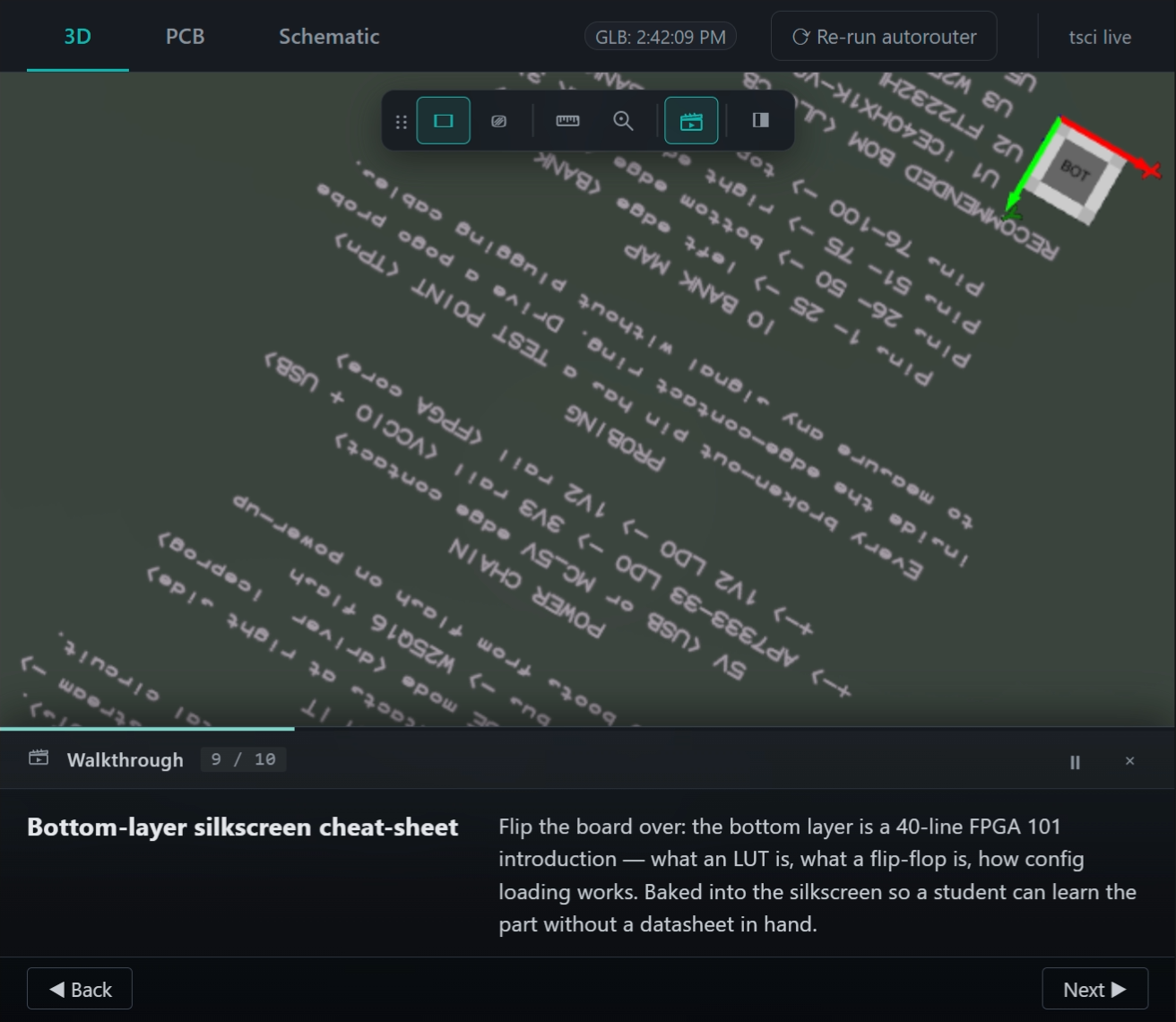 Walkthrough Demo — bottom-layer silkscreen cheat-sheet (FPGA 101), baked at 8192x8192 for readable text