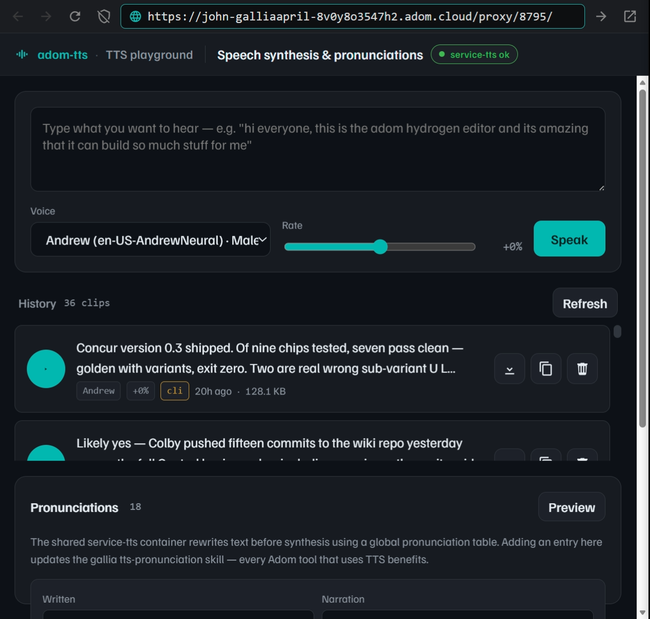 adom-tts — TTS Playground + Auto-Player