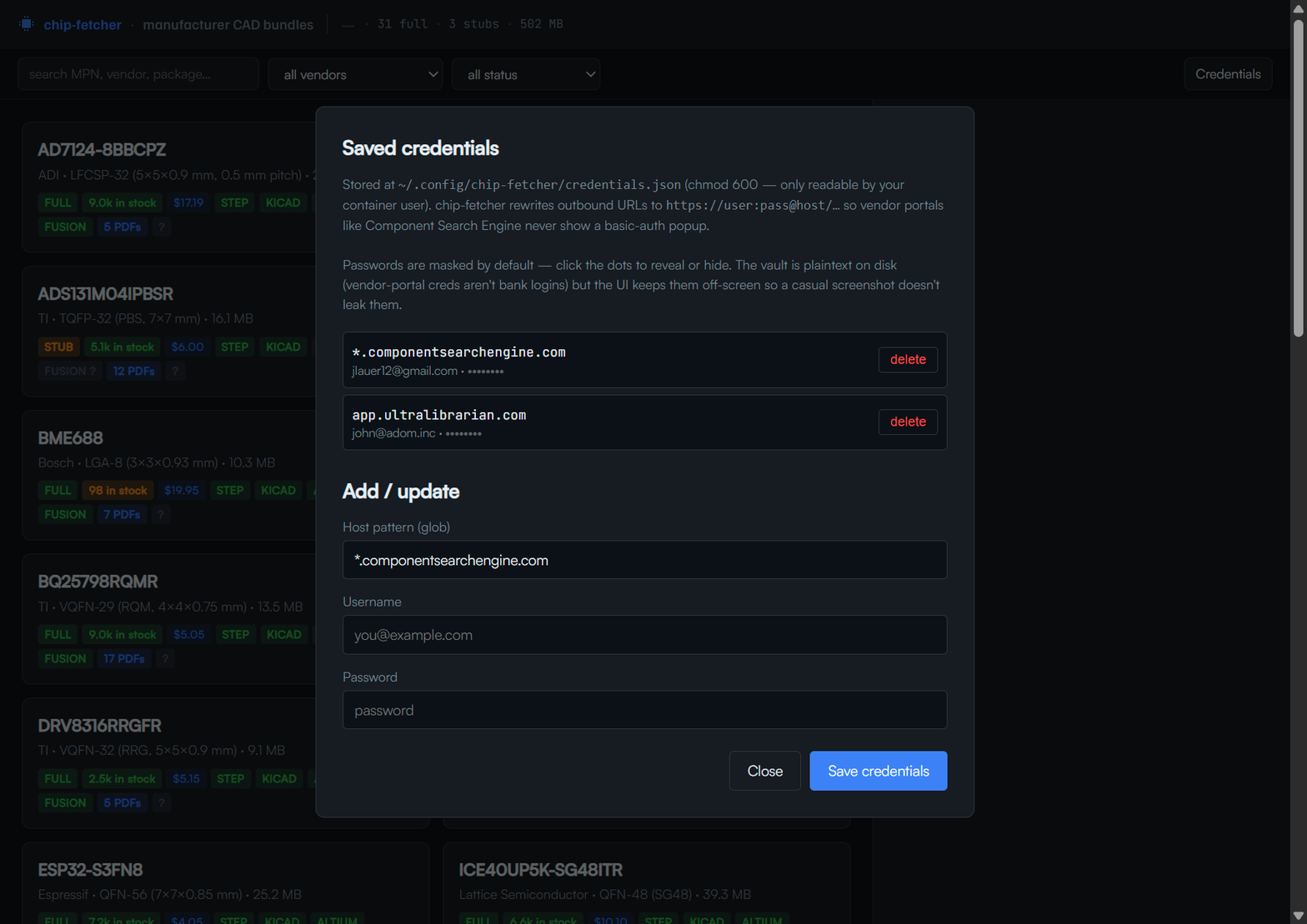 Credentials vault popover — password values masked by default with click-to-reveal. Vendor-portal creds aren't bank logins, but the UI keeps them off-screen so a casual screenshot doesn't leak them