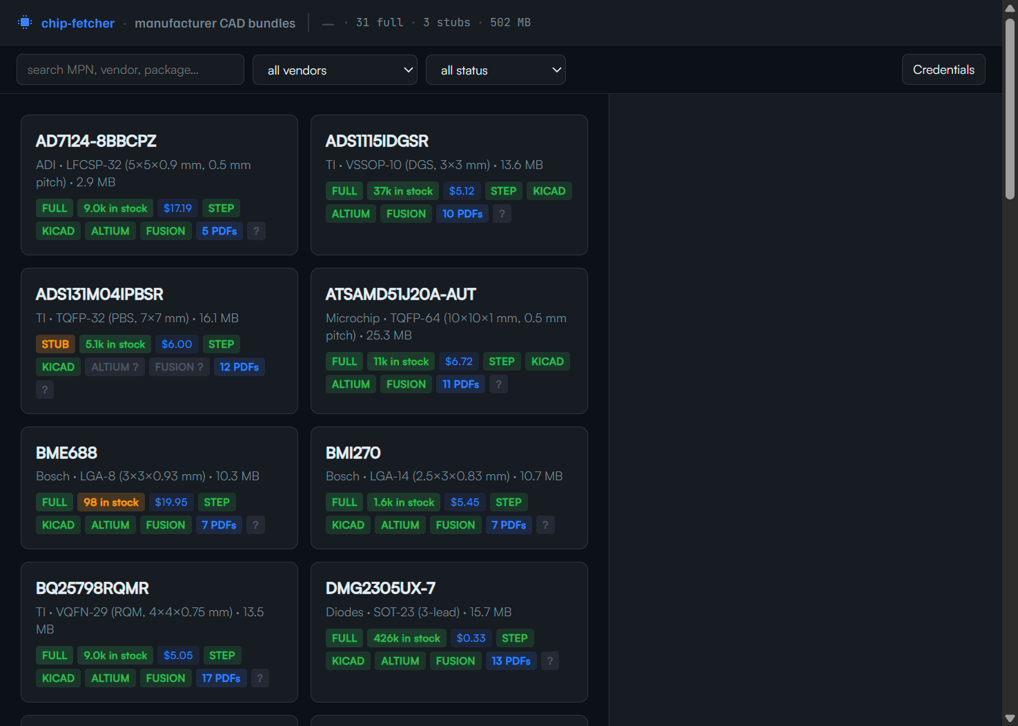 chip-fetcher dashboard — 31 fully-bundled chips with KICAD/ALTIUM/FUSION/STEP badges per card, lifecycle status, Mouser stock + price, and per-chip PDF count