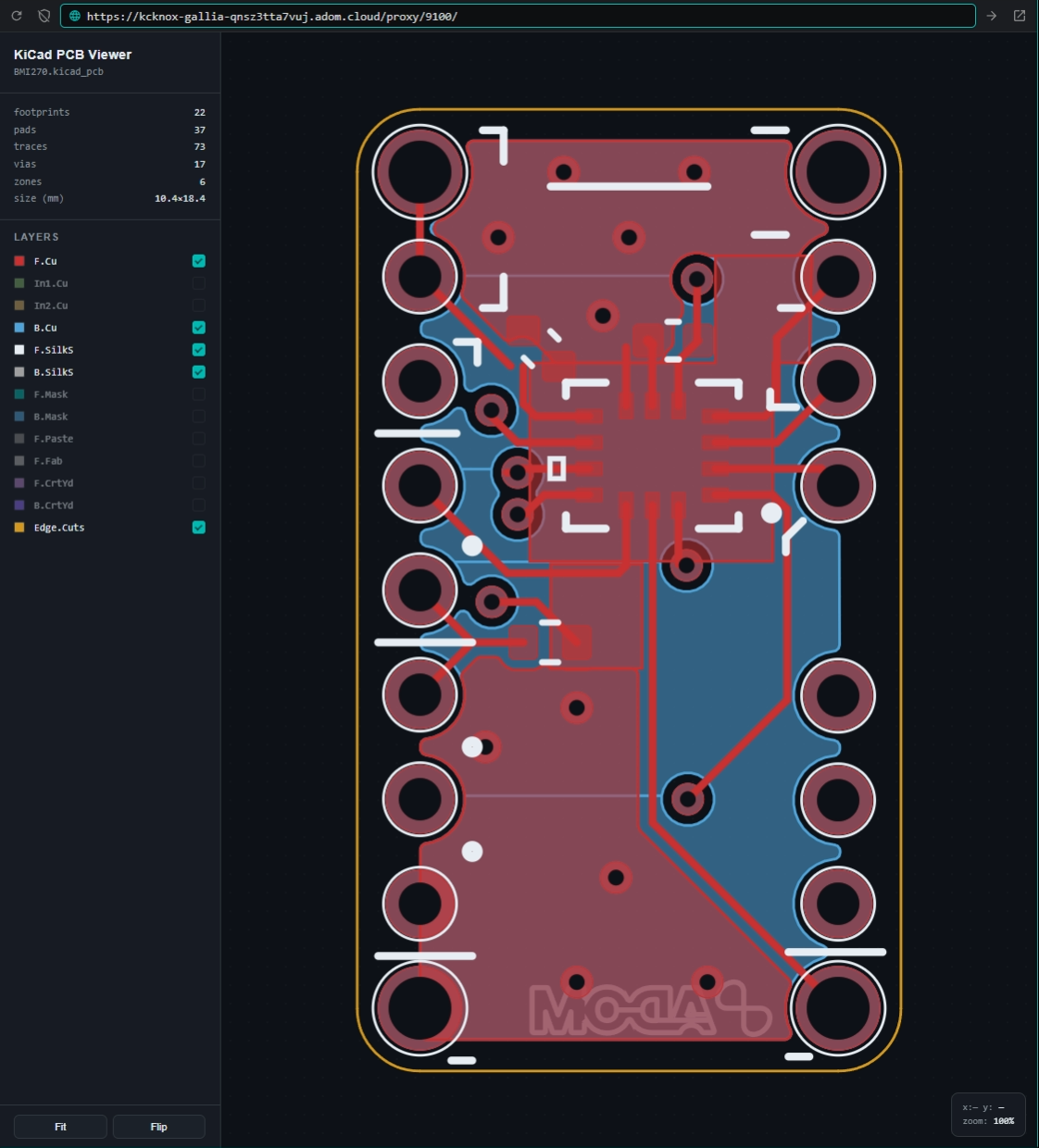 BMI270 — 4-layer board with copper pours, inner layers, vias
