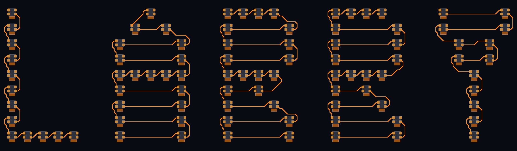 Word 'LARRY' — full nameplate routing, alternating per-letter chain parity