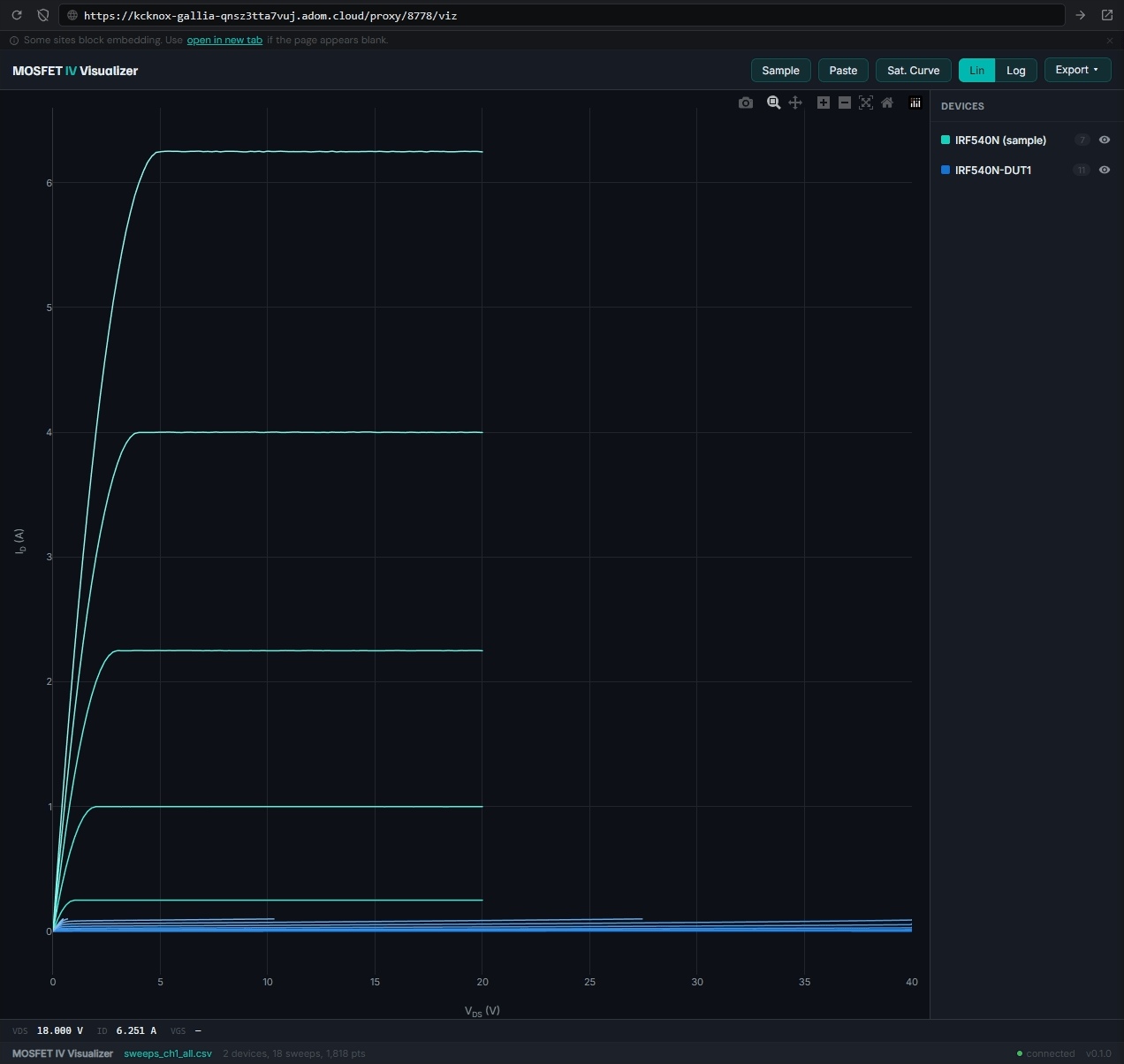 Device overlay — sample (teal) vs real curve tracer data (blue)