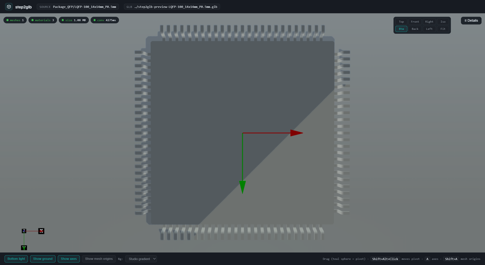 Bottom view — the ground plane is 65% transparent so the chip's bottom face is visible through it. Critical for answering 'is the chip seated on pads or floating above?'