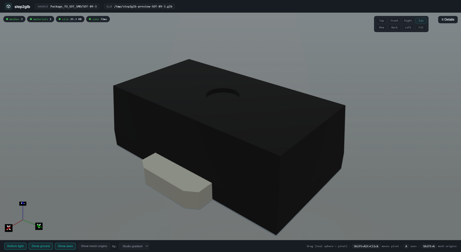 SOT-89-3 iso view — the small center-tab package. Previously broken in wiki/static/3dcomps because the legacy kicad-cli GLB export stripped the chip body; step2glb regenerates it cleanly via OCCT's XCAF pipeline.