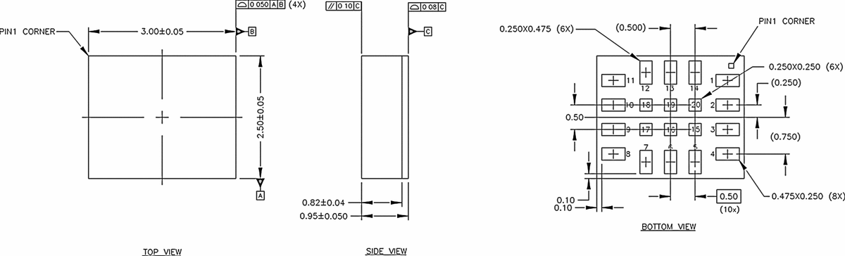BHI360 package outline dimensions - top, side, and bottom views (2.5x3.0x0.95mm LGA-20)