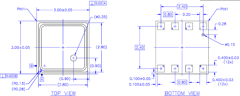 Package dimensions (top and bottom view)