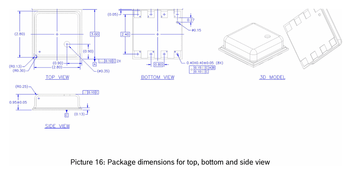 LGA-8 package dimensions — top, bottom, side view + 3D model (Picture 16)