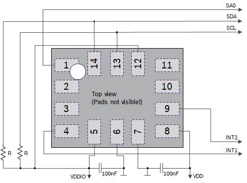 BMI323 I2C connection diagram with pull-up resistors and decoupling capacitors