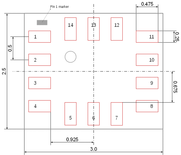 BMI323 package dimensions — bottom view with pad layout and measurements (2.5x3.0mm)