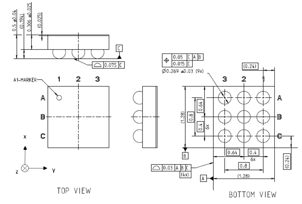 Package dimensions — WLCSP top and bottom views with measurements
