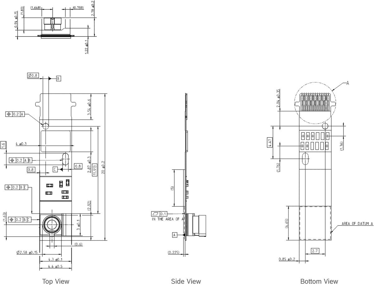 BMV080 dimensional drawings - top, side, and bottom views in mm