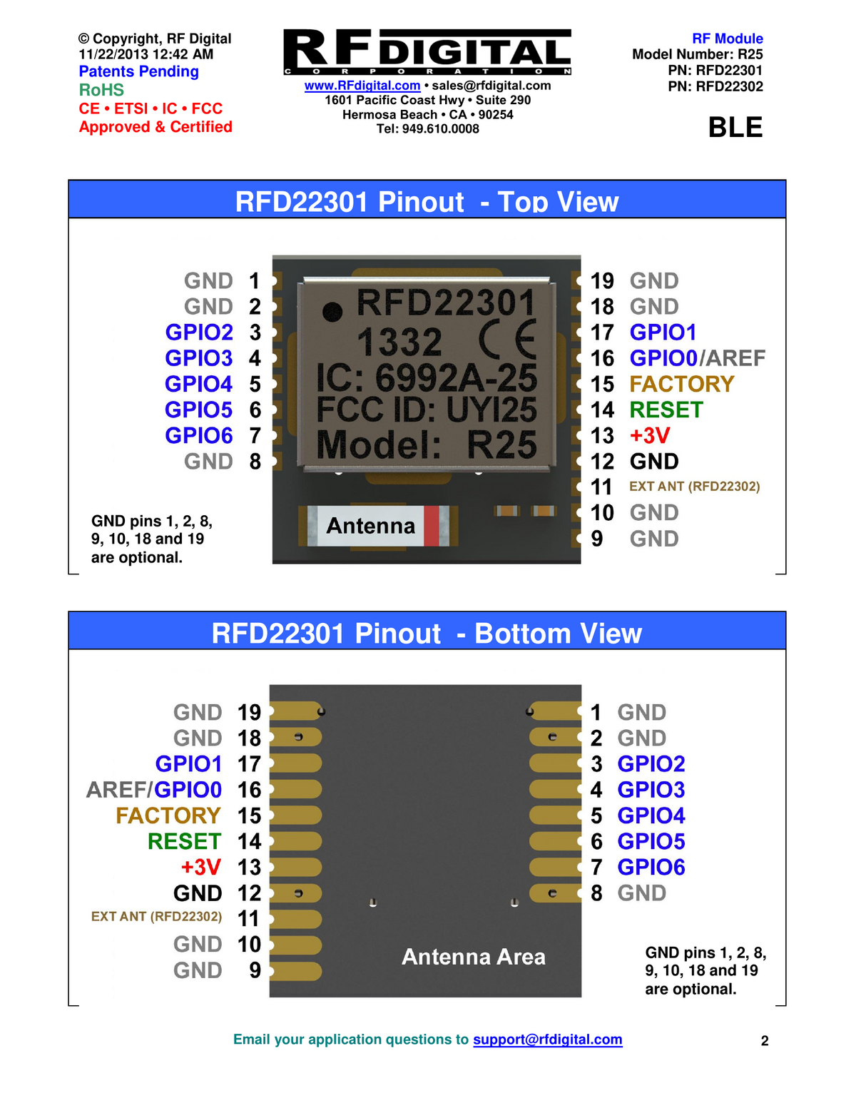 RFD22301 pinout — top and bottom views