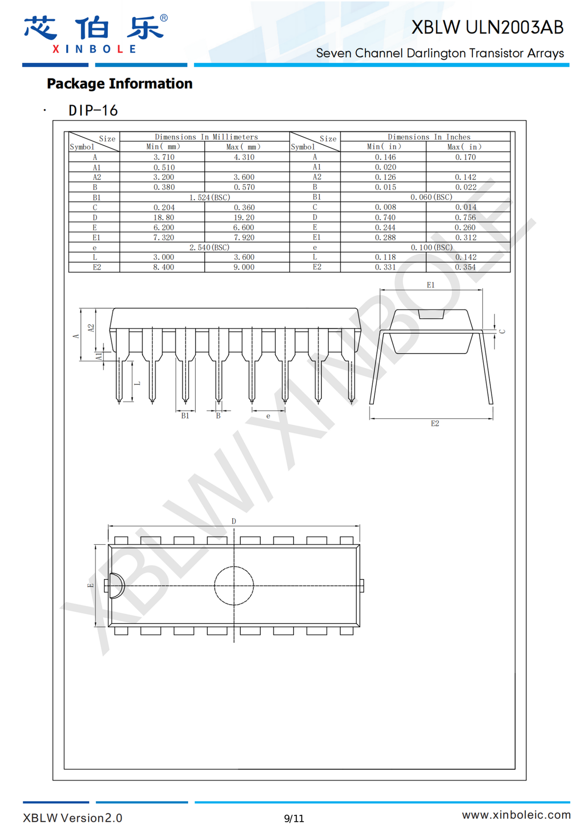 DIP-16 package dimensions